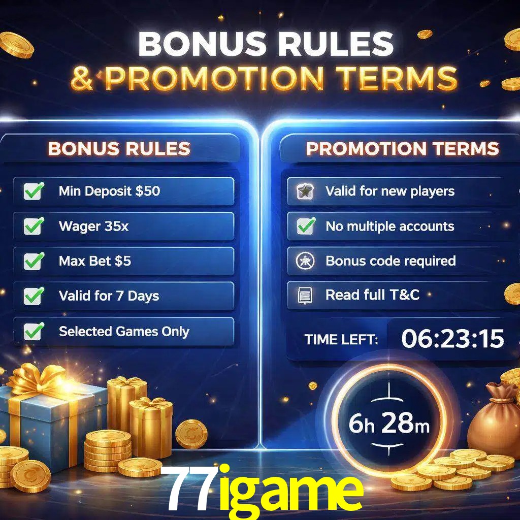 Reglas de promoción 77igame y condiciones de bonos explicadas visualmente
