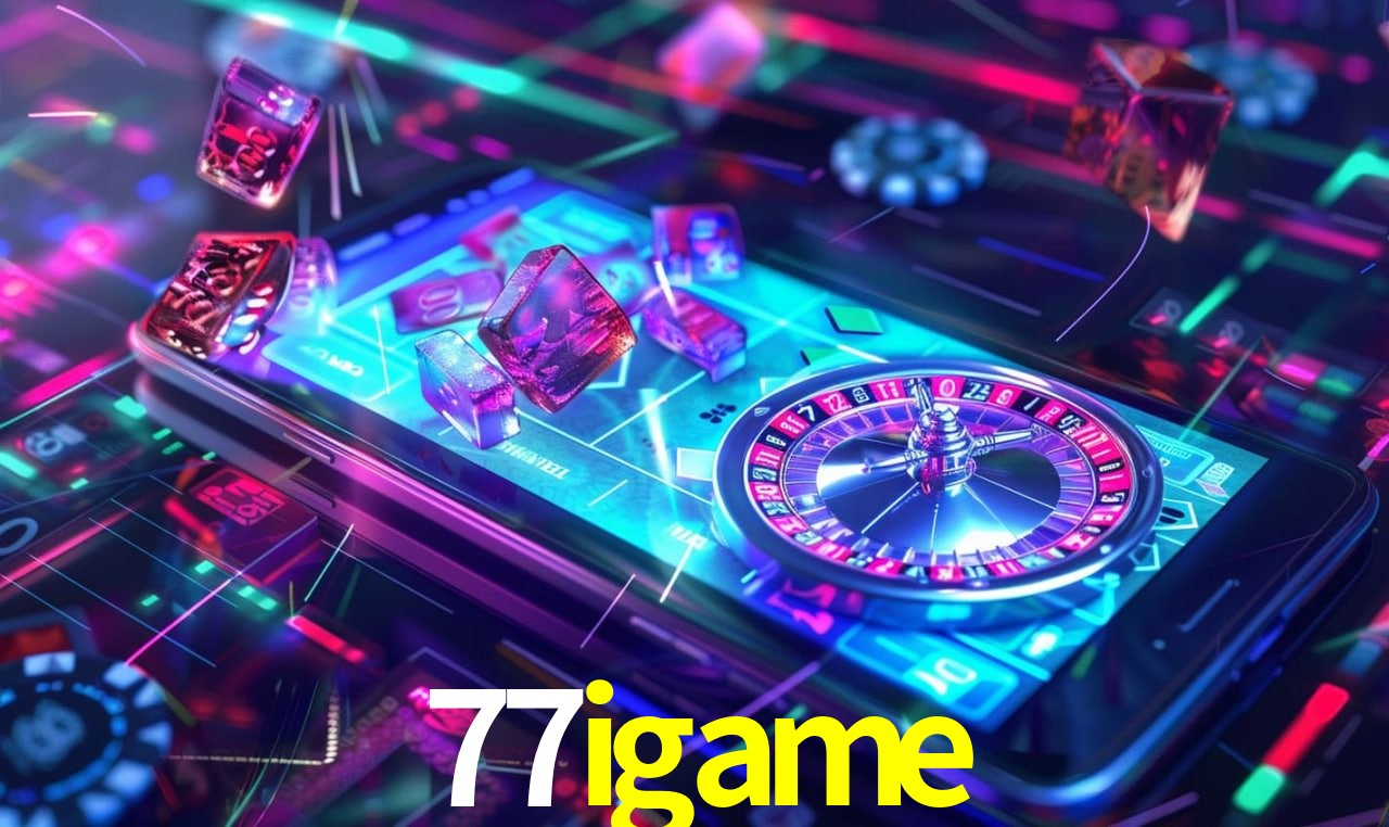Escena dinámica inspirada en casino con iluminación 77igame, cartas, fichas e íconos de juegos digitales en un espacio moderno de juegos.