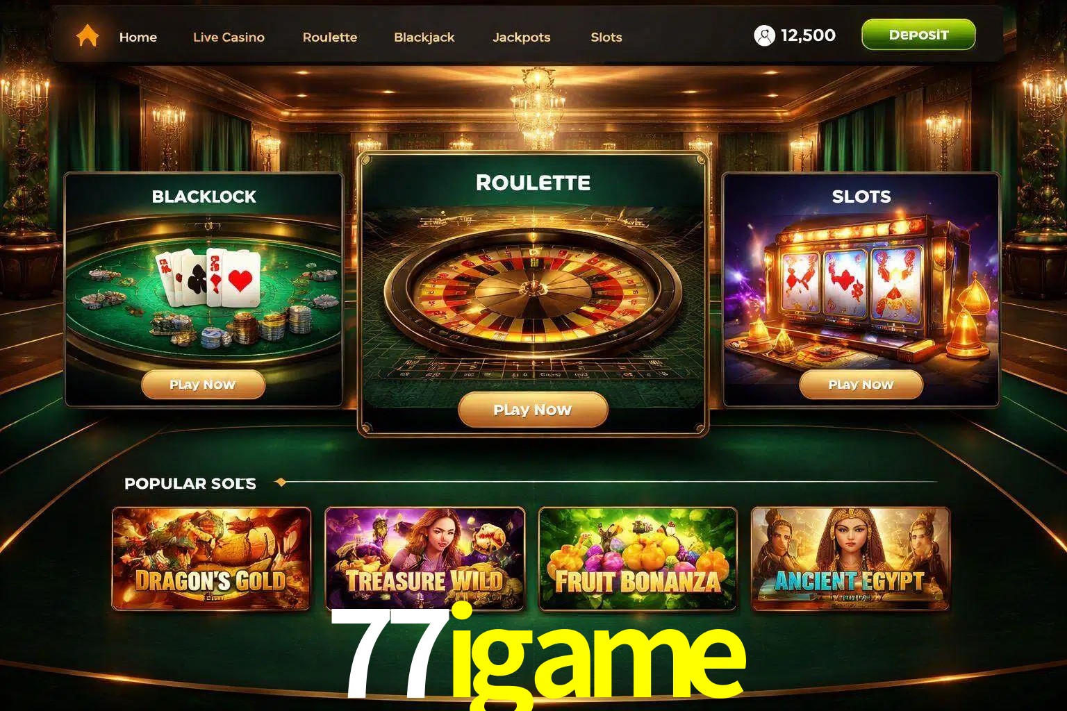 Vista de la plataforma 77igame Casino mostrando categorías organizadas de juegos en línea