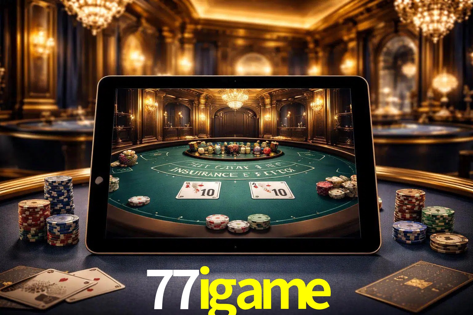 Configuración moderna de casino en vivo con una tableta mostrando una mesa de blackjack, luces cálidas de estudio y una atmósfera elegante de juegos digitales.