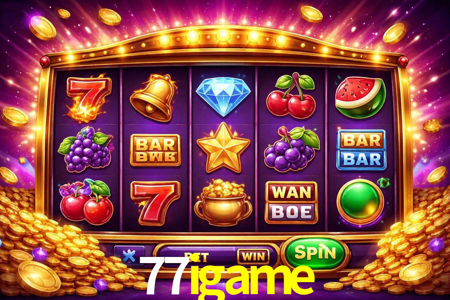 Una interfaz colorida de tragamonedas en línea con símbolos brillantes, monedas y un efecto de victoria celebratoria en 77igame.