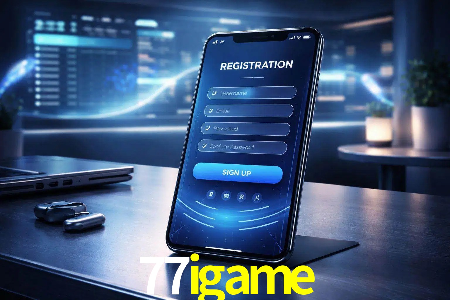 Una interfaz moderna de registro móvil para 77igame mostrada en un smartphone con un panel de apuestas elegante.